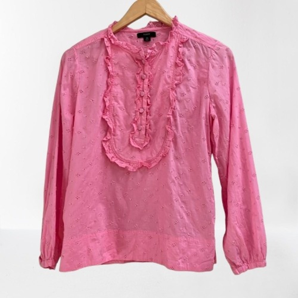 J. Crew Pink Eyelet Ruffle Bib Blouse Cotton Long Sleeve XS